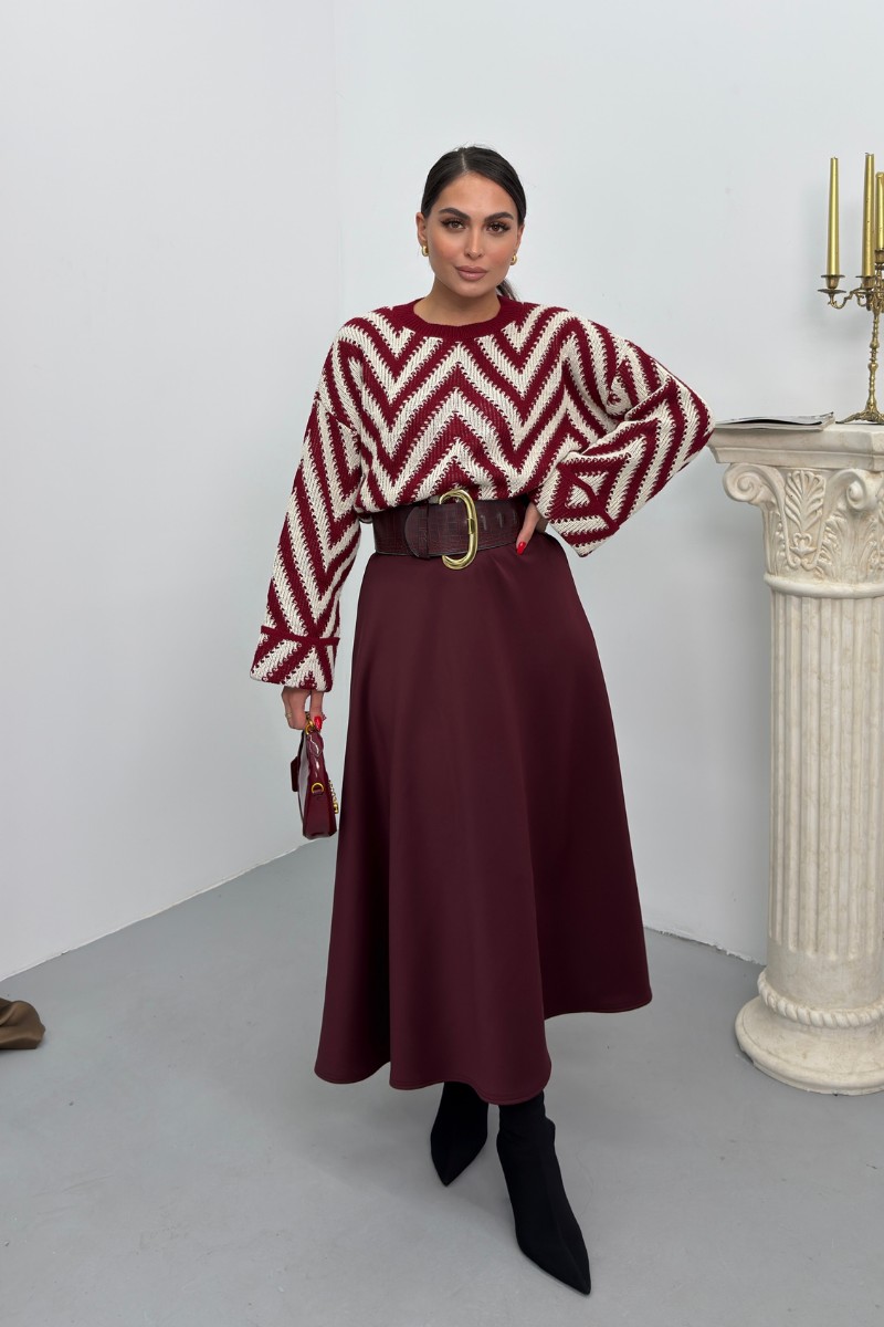 Kadın Kazak Örme Bisiklet Yaka Düşük Omuz Zikzak Desenli Kolu Katlama Detaylı Triko Kazak