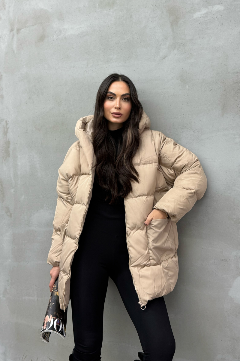 Kadın Kapüşonlu Yarasa Kollu Oversize Şişme Mont