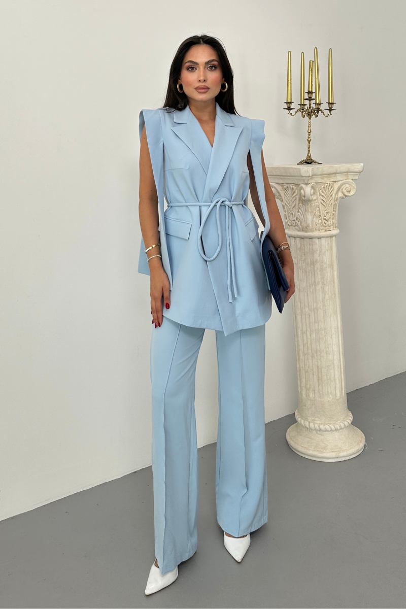 Kadın Alt Üst İkili Takım Omuz Detaylı Kuşaklı Yelek Pantolon Takım