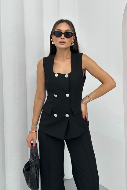 Kadın İkili Alt Üst Takım Şık Düğme Detaylı Kare Yaka Yelek Pantolon Takım