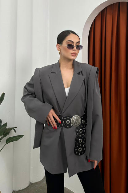 Kadın Oversize Blazer Ceket Kuşaklı Omuz Detaylı