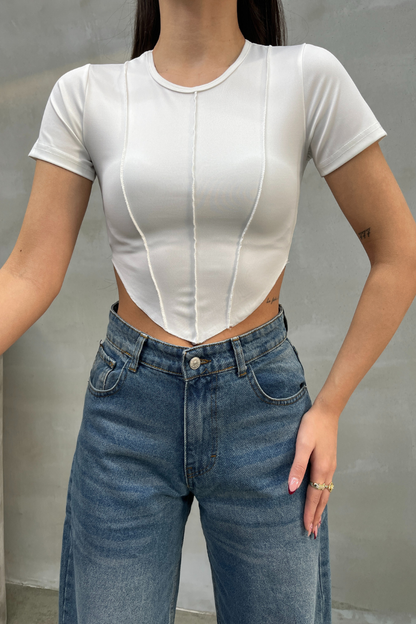 Kadın Crop Tişört Kısa Kollu Bisiklet Yaka Dikiş Detaylı