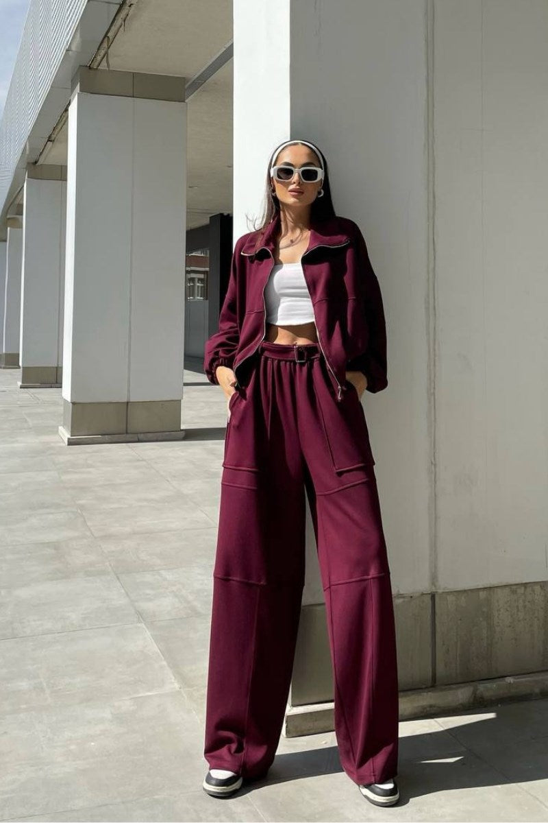 Kadın Eşofman Takımı Bol Paça Büyük Cepli Kemerli Soft Touch İkili Takım BEJ L