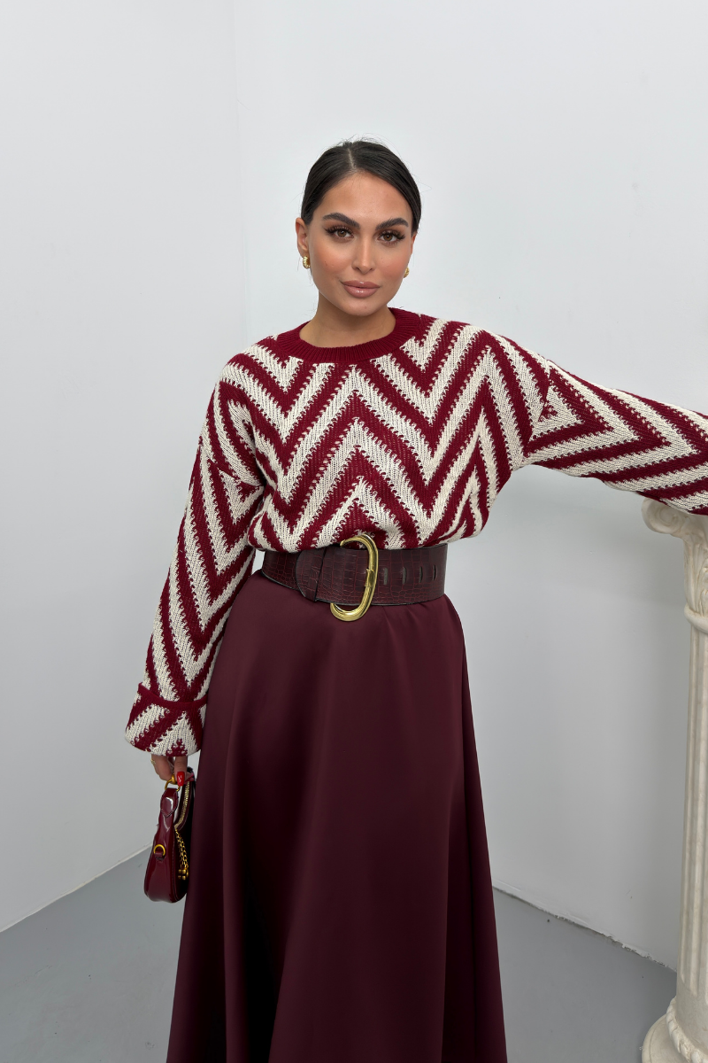 Kadın Kazak Örme Bisiklet Yaka Düşük Omuz Zikzak Desenli Kolu Katlama Detaylı Triko Kazak