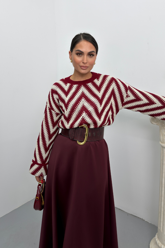 Kadın Kazak Örme Bisiklet Yaka Düşük Omuz Zikzak Desenli Kolu Katlama Detaylı Triko Kazak