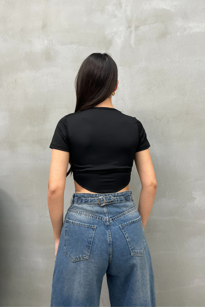 Kadın Crop Tişört Kısa Kollu Bisiklet Yaka Dikiş Detaylı