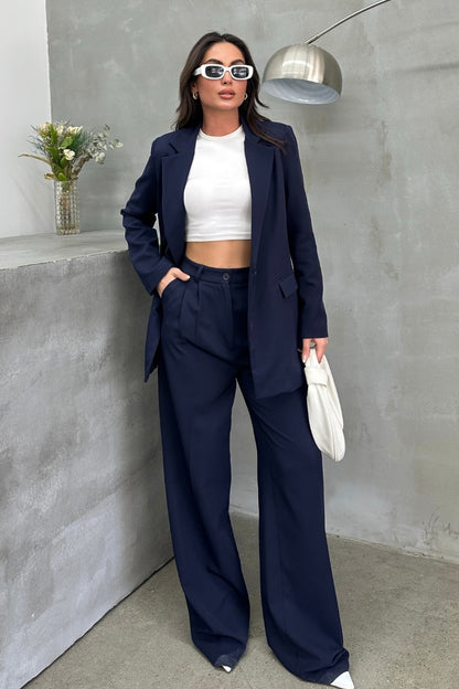 Kadın Palazzo Pantolon Düğmeli Çift Cepli Bol Paça Pantolon