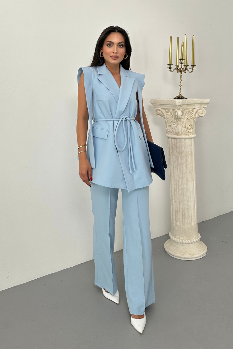 Kadın Alt Üst İkili Takım Omuz Detaylı Kuşaklı Yelek Pantolon Takım