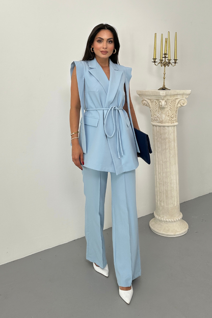 Kadın Alt Üst İkili Takım Omuz Detaylı Kuşaklı Yelek Pantolon Takım