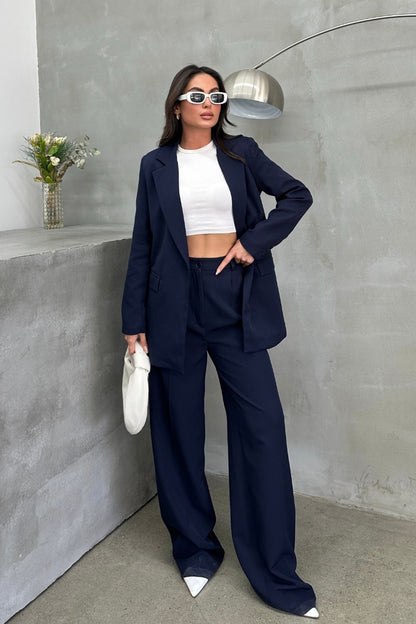 Kadın Palazzo Pantolon Düğmeli Çift Cepli Bol Paça Pantolon