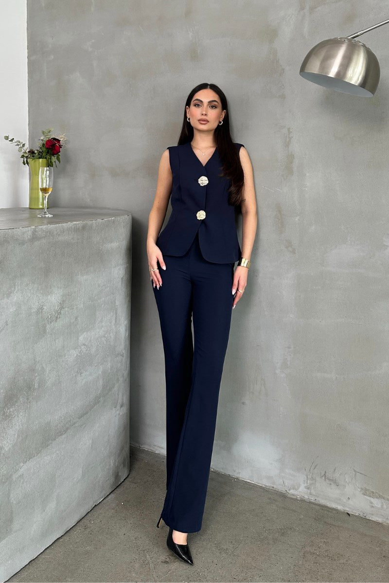 Kadın Alt Üst Takım Şık Düğme Detaylı Yelek Pantolon İkili Takım