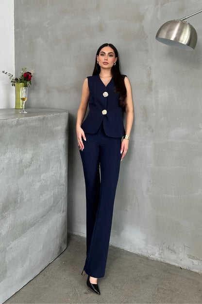 Kadın Alt Üst Takım Şık Düğme Detaylı Yelek Pantolon İkili Takım