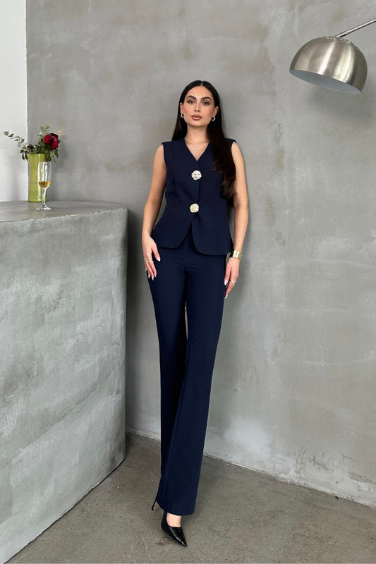 Kadın Alt Üst Takım Şık Düğme Detaylı Yelek Pantolon İkili Takım
