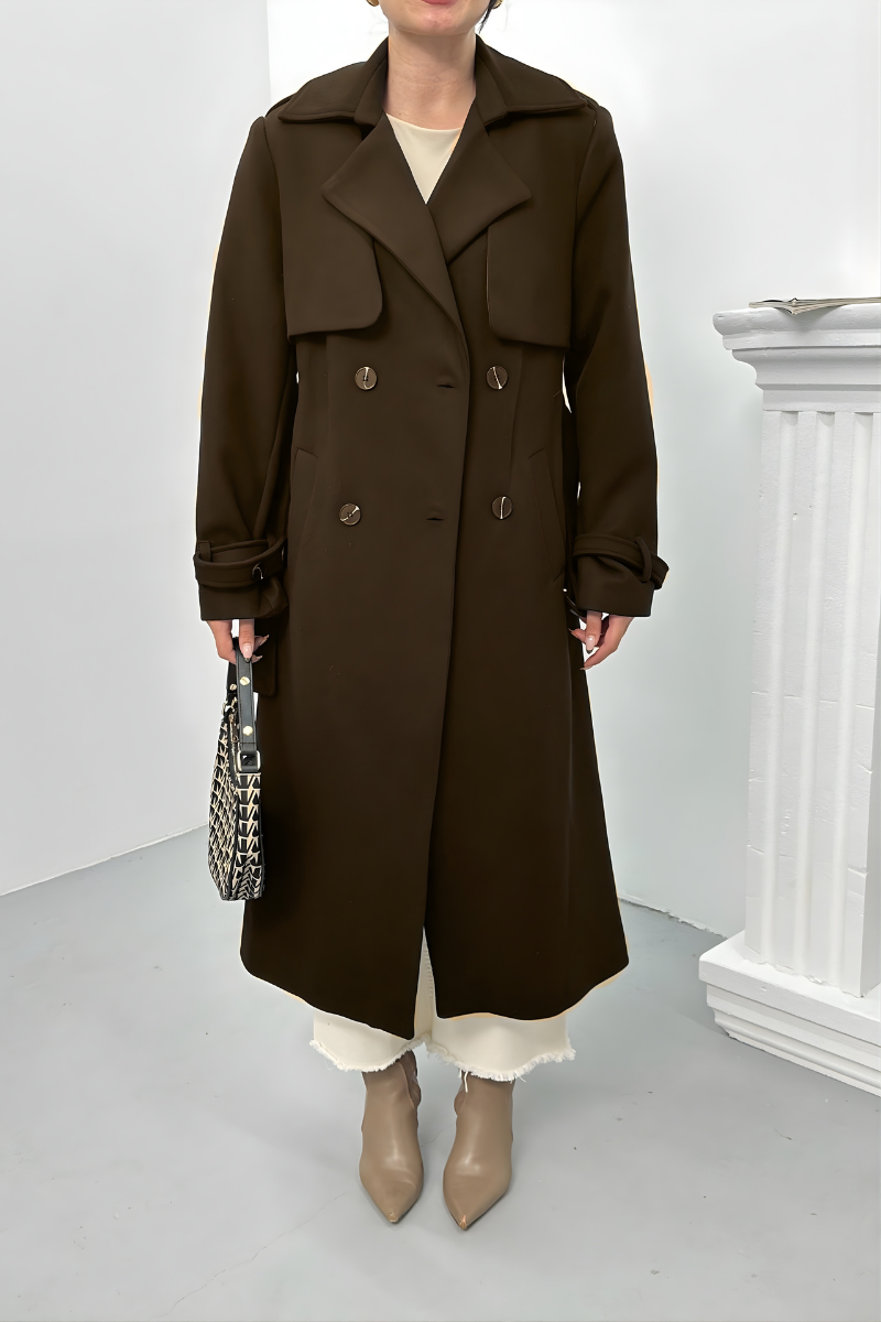 Kadın Kaban Uzun Kaşe  Kuşaklı Düğmeli Cepli Kruvaze Premium Kaban