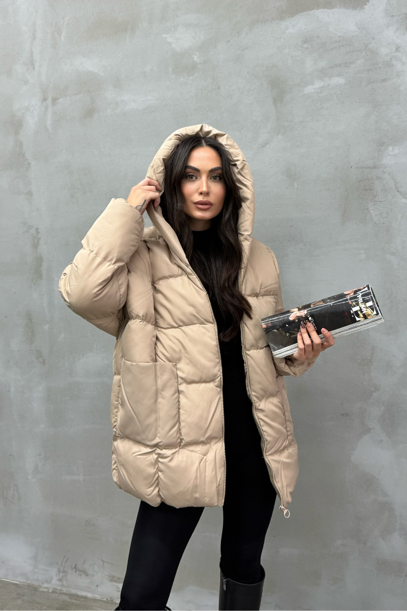 Kadın Kapüşonlu Yarasa Kollu Oversize Şişme Mont