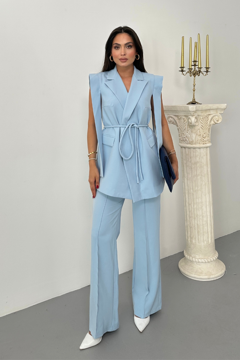 Kadın Alt Üst İkili Takım Omuz Detaylı Kuşaklı Yelek Pantolon Takım