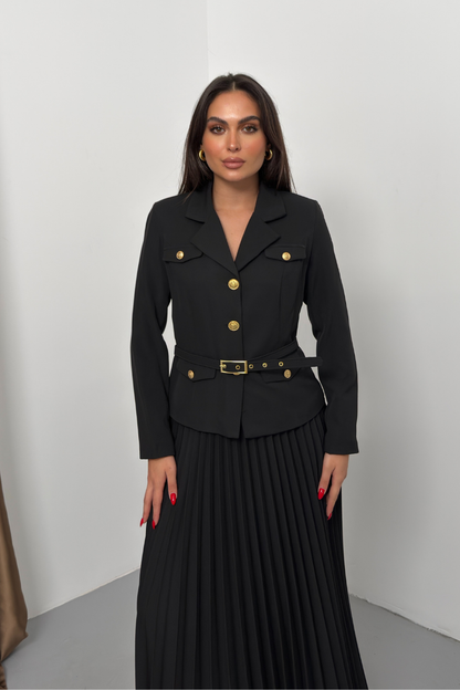 Kadın İkili Alt Üst Takım Şık Kemerli Cep ve Düğme Detaylı Kısa Blazer Ceket Piliseli Uzun Etek Takım