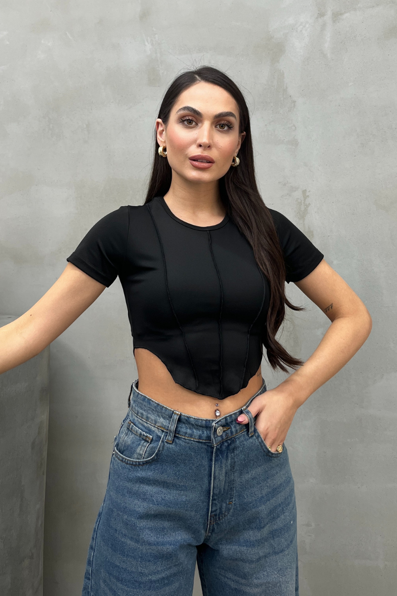 Kadın Crop Tişört Kısa Kollu Bisiklet Yaka Dikiş Detaylı