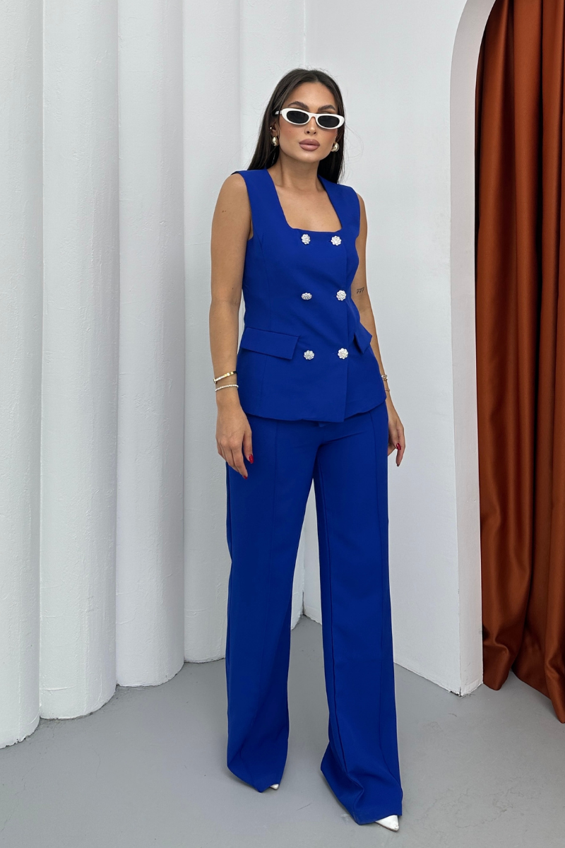 Kadın İkili Alt Üst Takım Şık Düğme Detaylı Kare Yaka Yelek Pantolon Takım