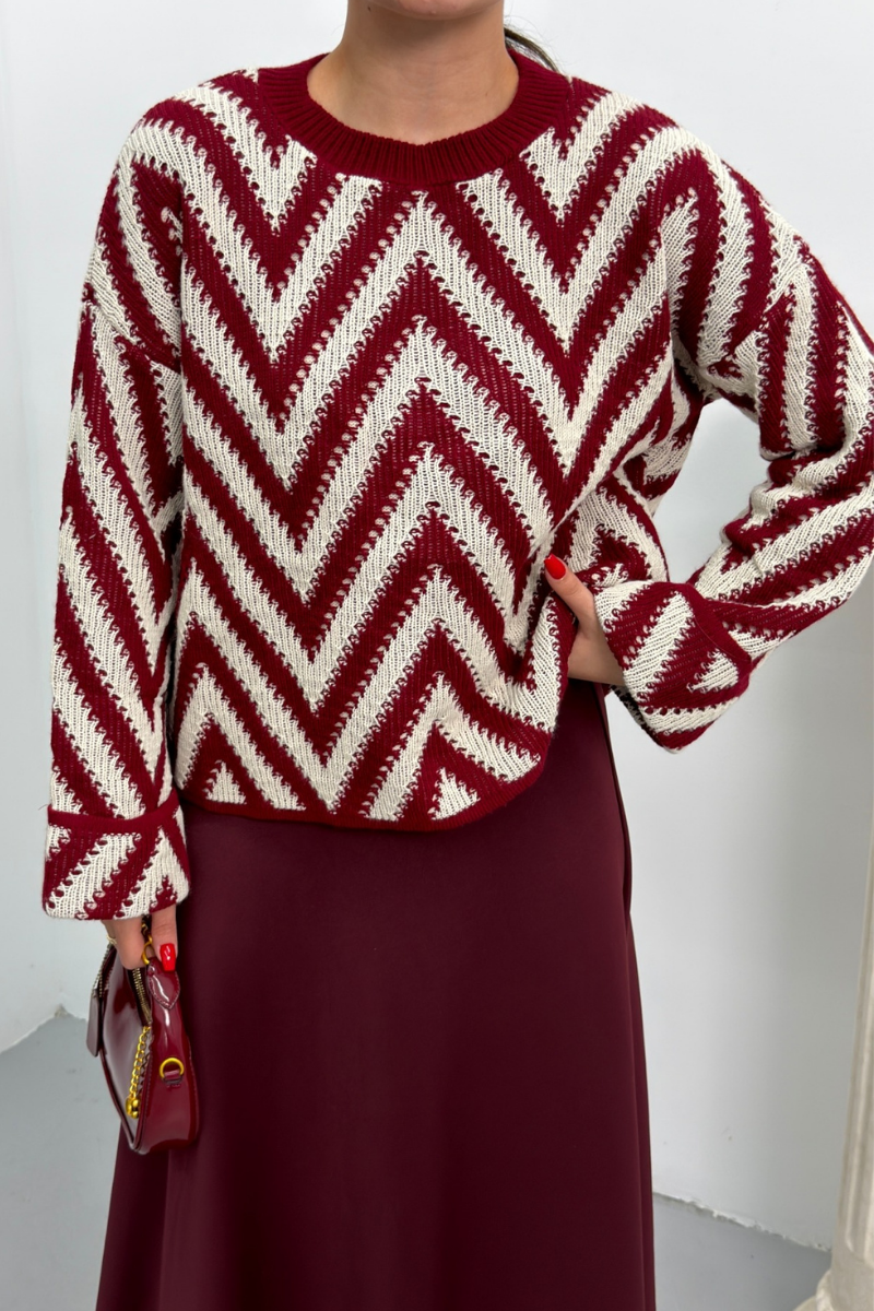 Kadın Kazak Örme Bisiklet Yaka Düşük Omuz Zikzak Desenli Kolu Katlama Detaylı Triko Kazak