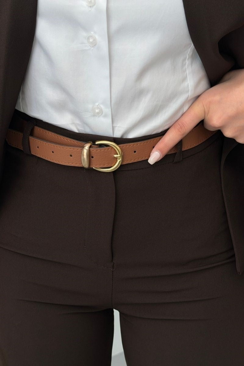 Kadın İkili Alt Üst Takım Kemerli Çizgili Astarlı Cep Detaylı Regular Blazer Ceket Pantolon Takım