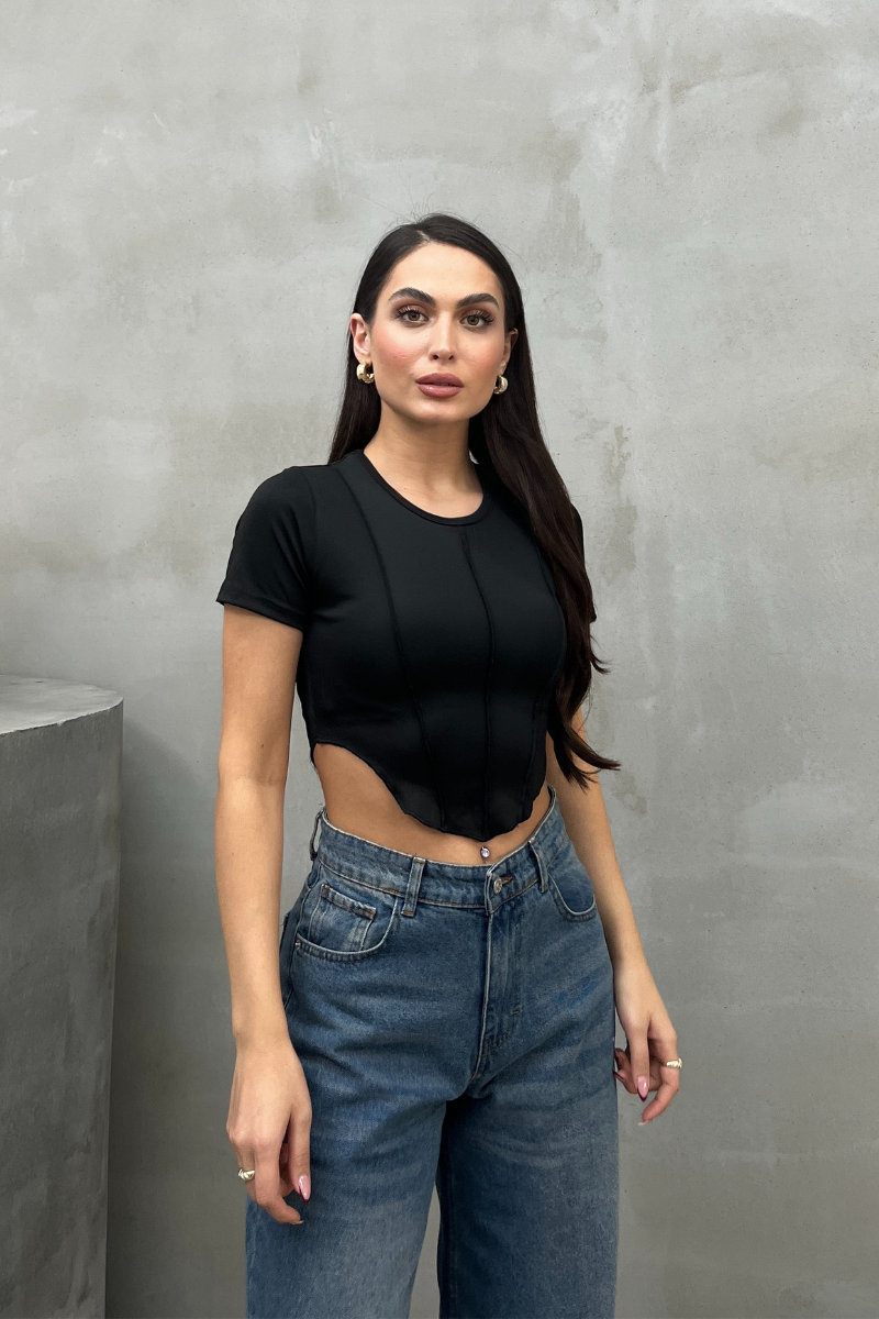 Kadın Crop Tişört Kısa Kollu Bisiklet Yaka Dikiş Detaylı