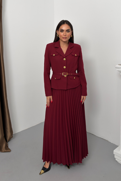 Kadın İkili Alt Üst Takım Şık Kemerli Cep ve Düğme Detaylı Kısa Blazer Ceket Piliseli Uzun Etek Takım