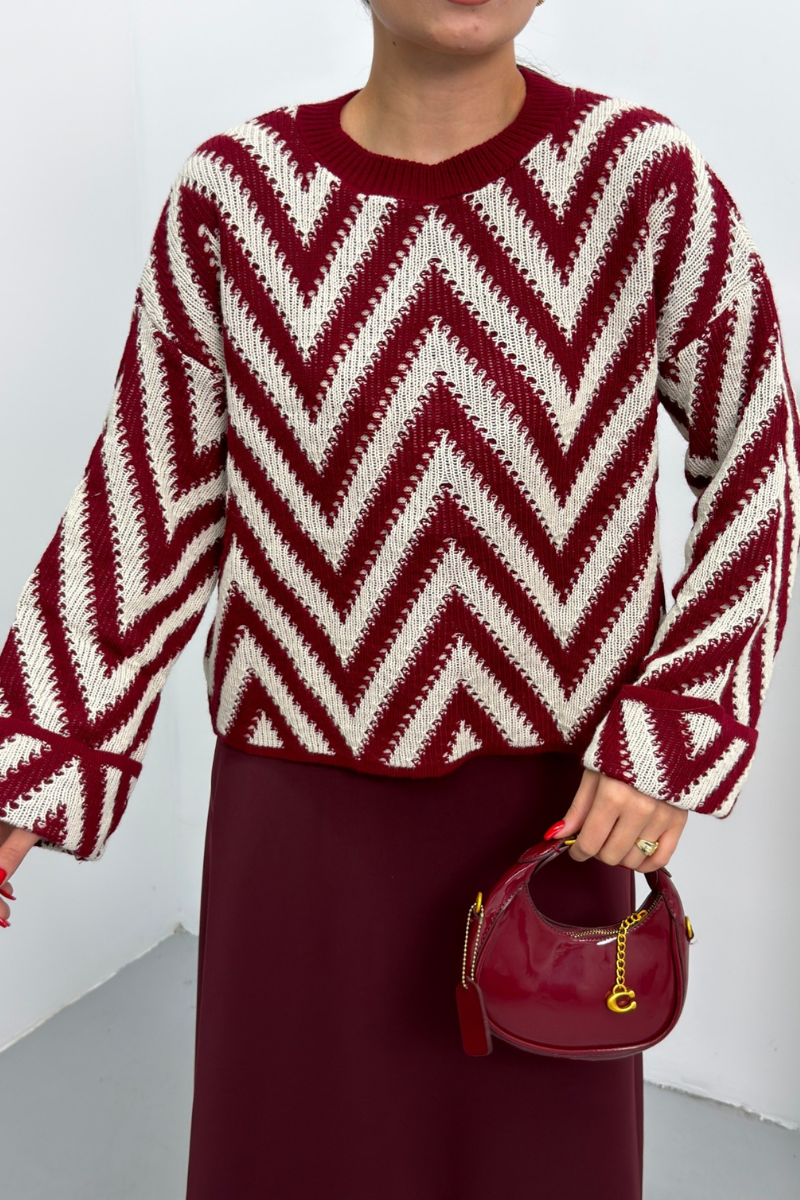 Kadın Kazak Örme Bisiklet Yaka Düşük Omuz Zikzak Desenli Kolu Katlama Detaylı Triko Kazak