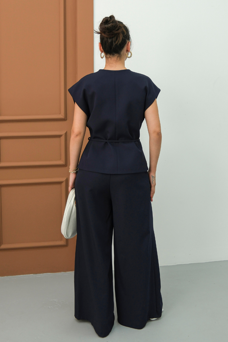 Kadın İkili Alt Üst Takım Bağcıklı Bol Kesim Dökümlü Yazlık Kısa Kollu Kimono Ceket Palazzo Pantolon