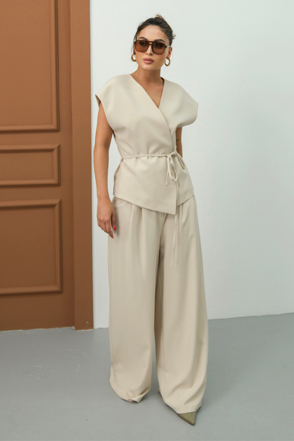 Kadın İkili Alt Üst Takım Bağcıklı Bol Kesim Dökümlü Yazlık Kısa Kollu Kimono Ceket Palazzo Pantolon