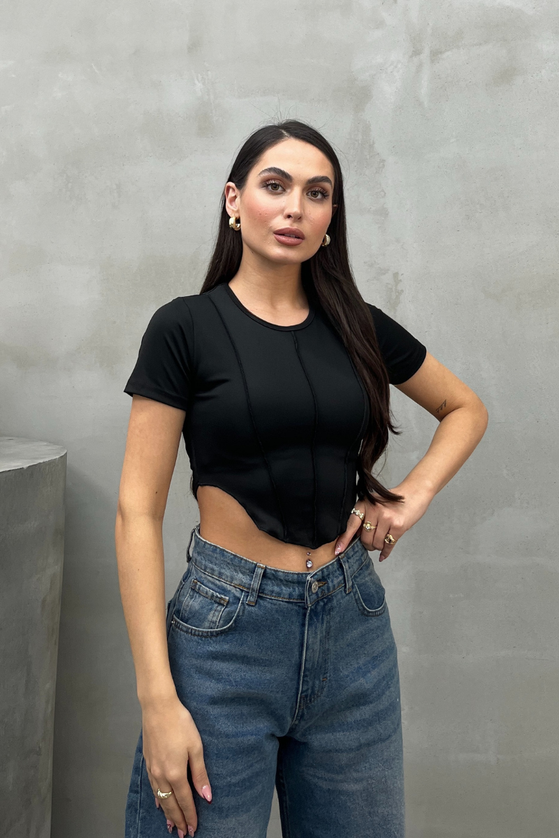 Kadın Crop Tişört Kısa Kollu Bisiklet Yaka Dikiş Detaylı