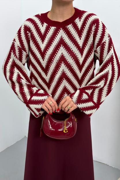 Kadın Kazak Örme Bisiklet Yaka Düşük Omuz Zikzak Desenli Kolu Katlama Detaylı Triko Kazak