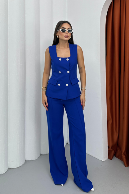 Kadın İkili Alt Üst Takım Şık Düğme Detaylı Kare Yaka Yelek Pantolon Takım