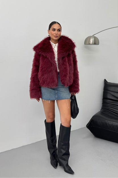 Kadın Kürk Şık Geniş Yaka Astarlı Çıtçıt Düğmeli Premium Kürk