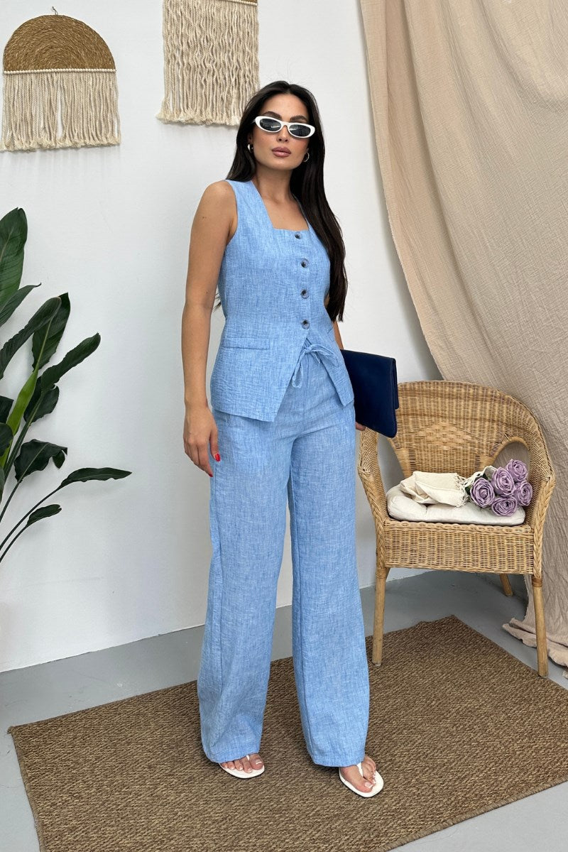 Kadın İkili Alt Üst Takım Keten Düğmeli Kare Yaka Beli Bağcıklı Regular Yelek Bol Pantolon Takım