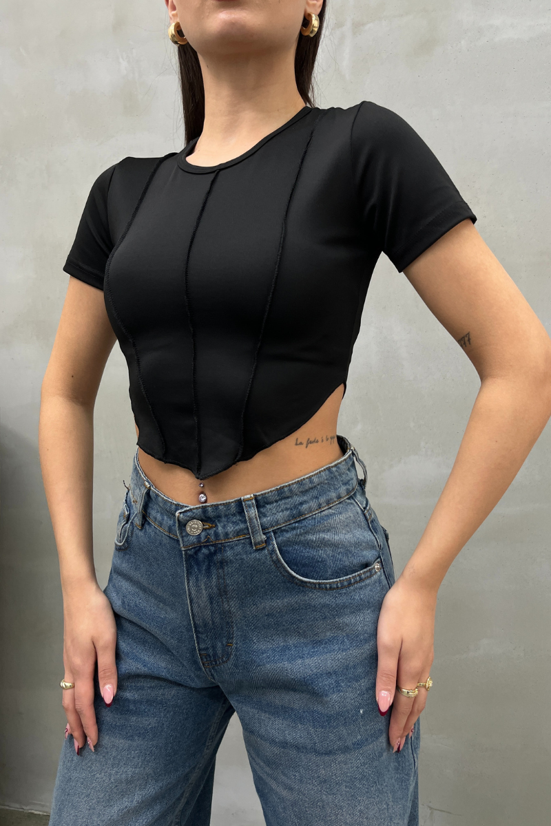 Kadın Crop Tişört Kısa Kollu Bisiklet Yaka Dikiş Detaylı