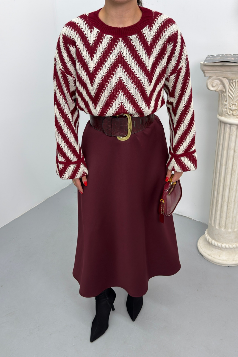 Kadın Kazak Örme Bisiklet Yaka Düşük Omuz Zikzak Desenli Kolu Katlama Detaylı Triko Kazak