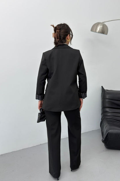 Kadın İkili Alt Üst Takım Kemerli Çizgili Astarlı Cep Detaylı Regular Blazer Ceket Pantolon Takım