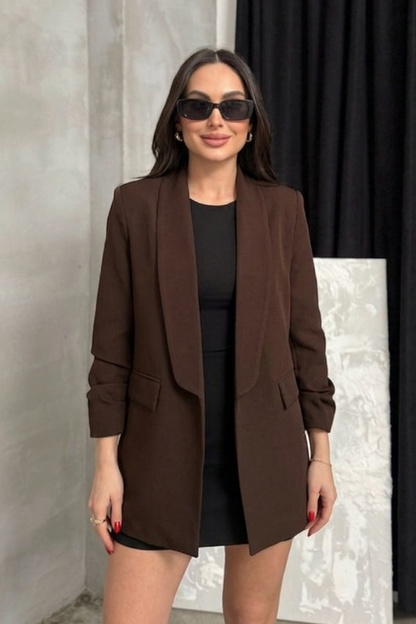 Kadın Blazer Ceket Şal Yaka Kolu Büzgülü Uzun Kollu Cep Görünümlü Regular Kalıp Astarlı Ceket