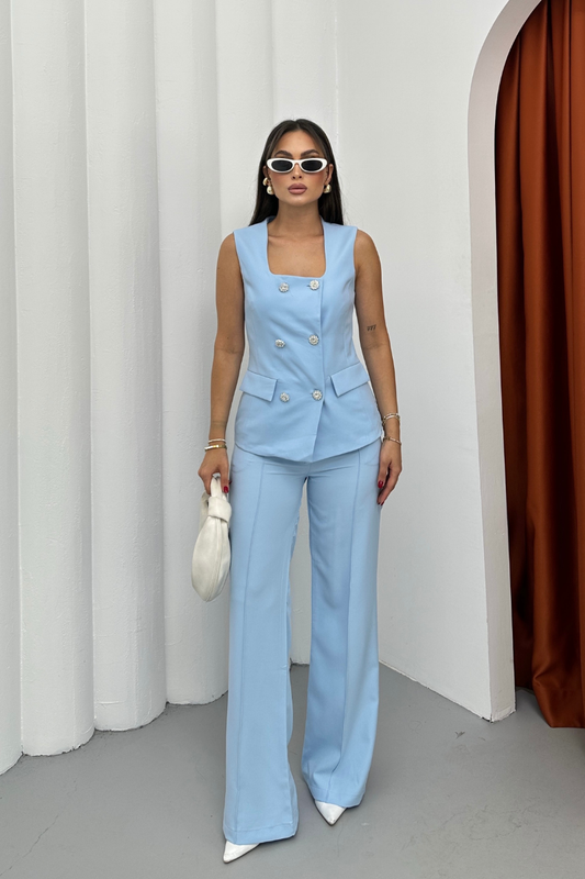 Kadın İkili Alt Üst Takım Şık Düğme Detaylı Kare Yaka Yelek Pantolon Takım