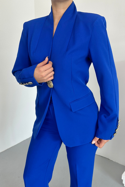 Kadın İkili Takım Şık Düğme Detaylı Dik Yaka Blazer Ceket Bol Paça Pantolon Takım