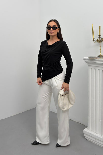 Kadın Bluz Drapeli Uzun Kollu Degaje Yaka Asimetrik Kesim Sandy Kumaş Likralı Şık Bluz
