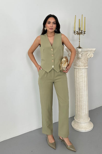 Kadın Alt Üst Takım Şık Gold Düğme Detaylı V Yaka Yelek Pantolon Takım Haki
