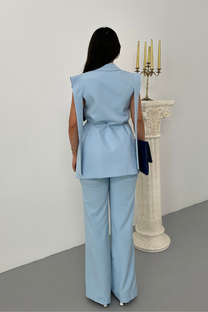 Kadın Alt Üst İkili Takım Omuz Detaylı Kuşaklı Yelek Pantolon Takım