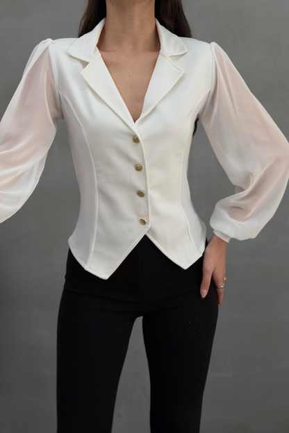 Kadın Gömlek Düğmeli Uzun Tül Kollu Ceket Yaka Bele Oturan Gömlek