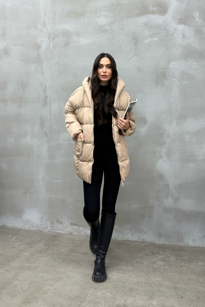 Kadın Kapüşonlu Yarasa Kollu Oversize Şişme Mont