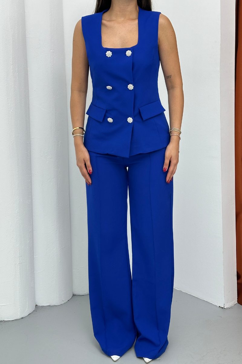 Kadın İkili Alt Üst Takım Şık Düğme Detaylı Kare Yaka Yelek Pantolon Takım