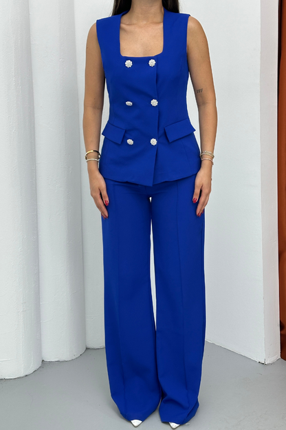 Kadın İkili Alt Üst Takım Şık Düğme Detaylı Kare Yaka Yelek Pantolon Takım