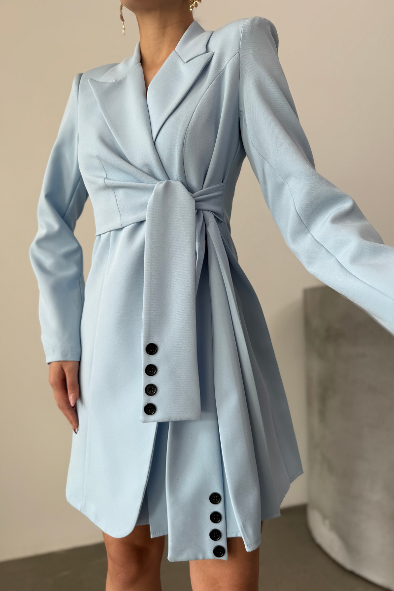 Kadın Elbise Mini Şık Uzun Kollu Kuşaklı Kruvaze Yaka Pileli Ceket Elbise