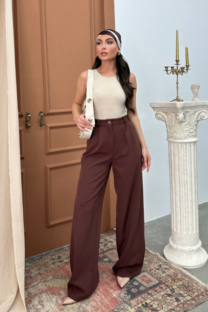 Kadın Palazzo Pantolon Düğmeli Çift Cepli Bol Paça Pantolon